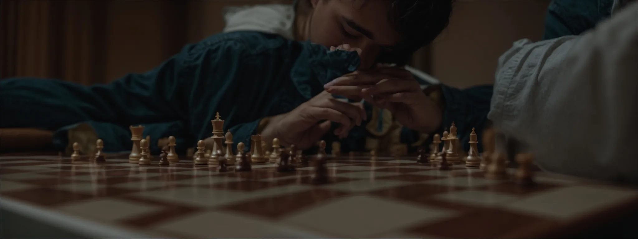 a chess player contemplates a strategic move on a large, unmarked chessboard.