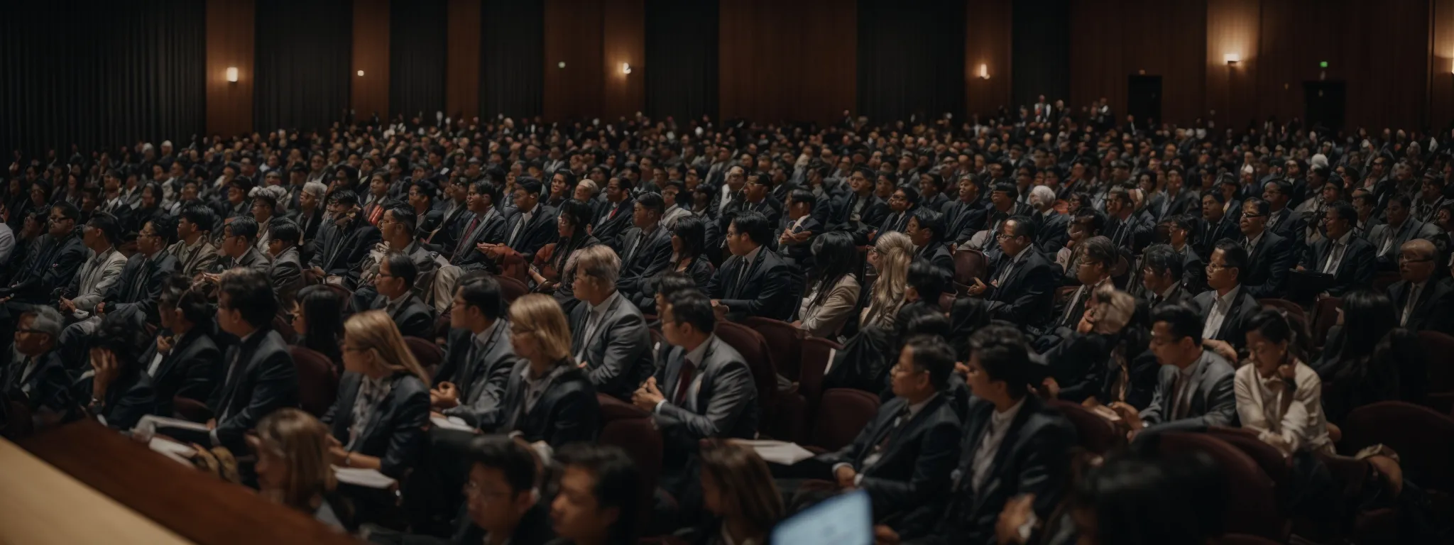 a conference hall filled with professionals listening to a digital marketing speaker.