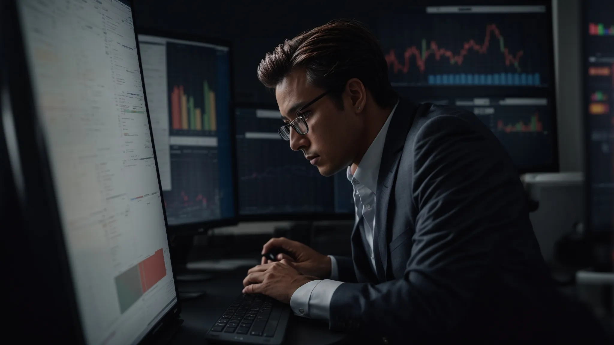 a business professional examines a series of graphs and charts on a computer screen, analyzing marketing campaign data.