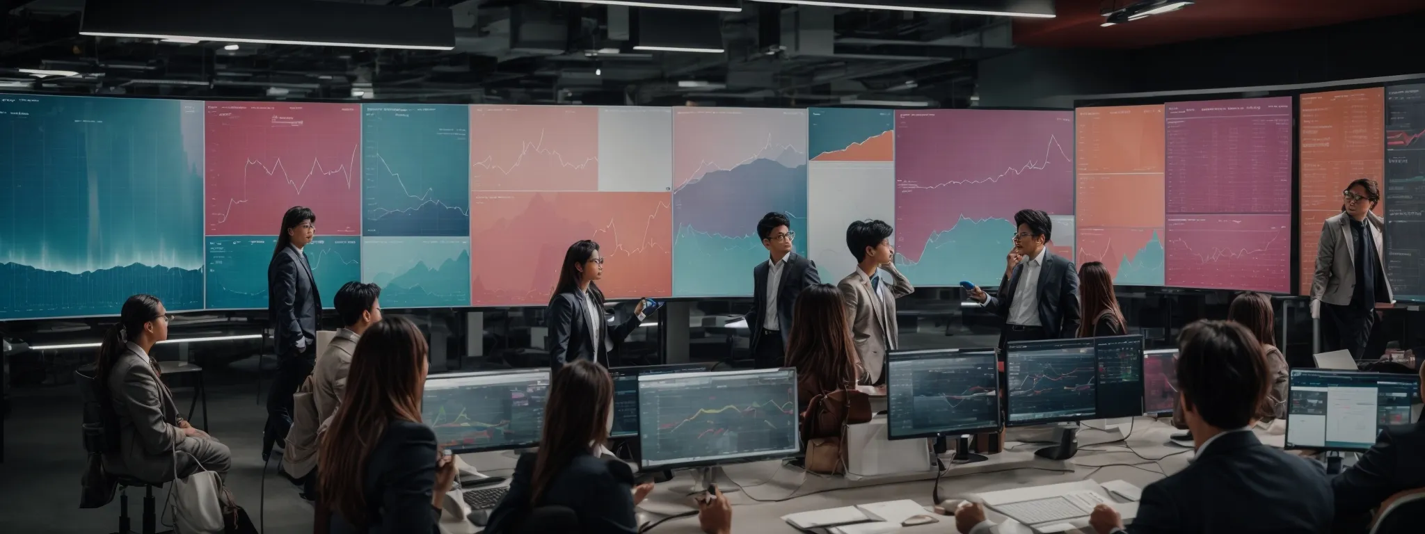 a marketing team gathers around a large screen displaying colorful graphs and charts as they strategize on a new campaign.