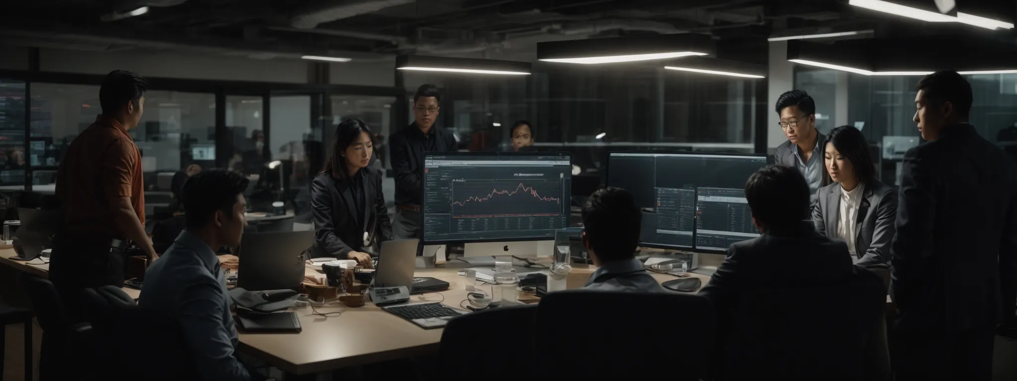 a team of digital marketers huddles around a computer, reviewing complex analytics dashboards.