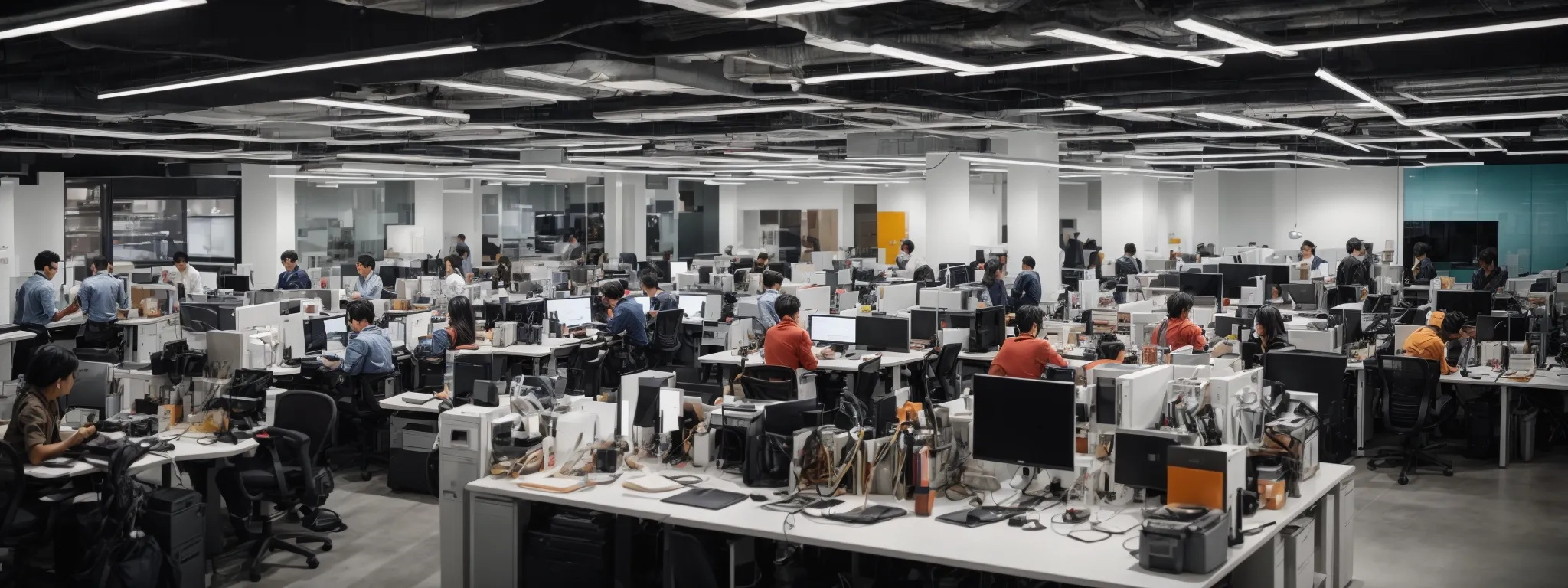 a bustling open-plan office with various creative and strategic teams collaborating over digital marketing campaigns.