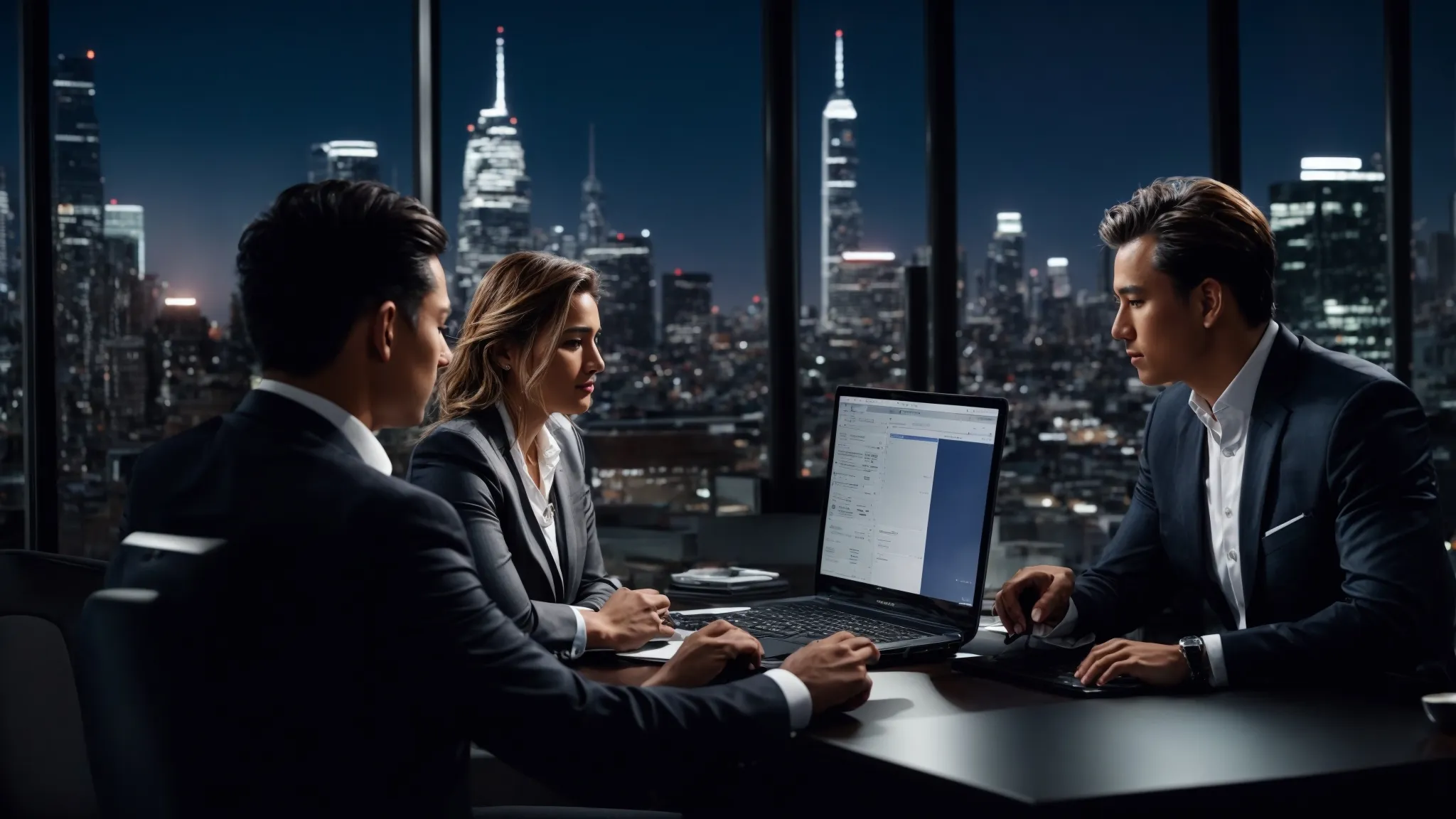 business professionals analyze local seo strategies on a computer screen with a city skyline in the background.