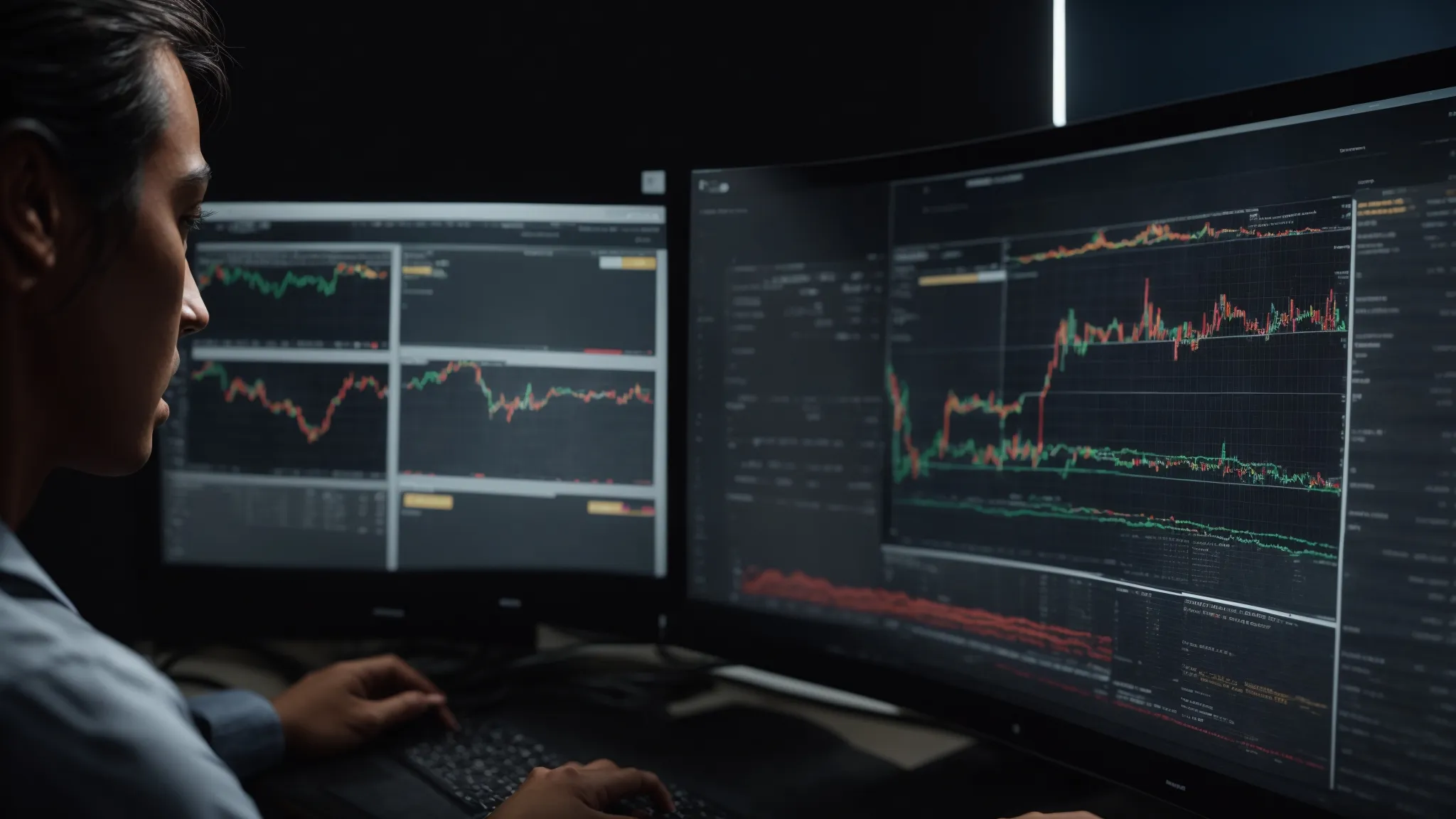 a person reviews data on a computer screen with a graph of website traffic trends.