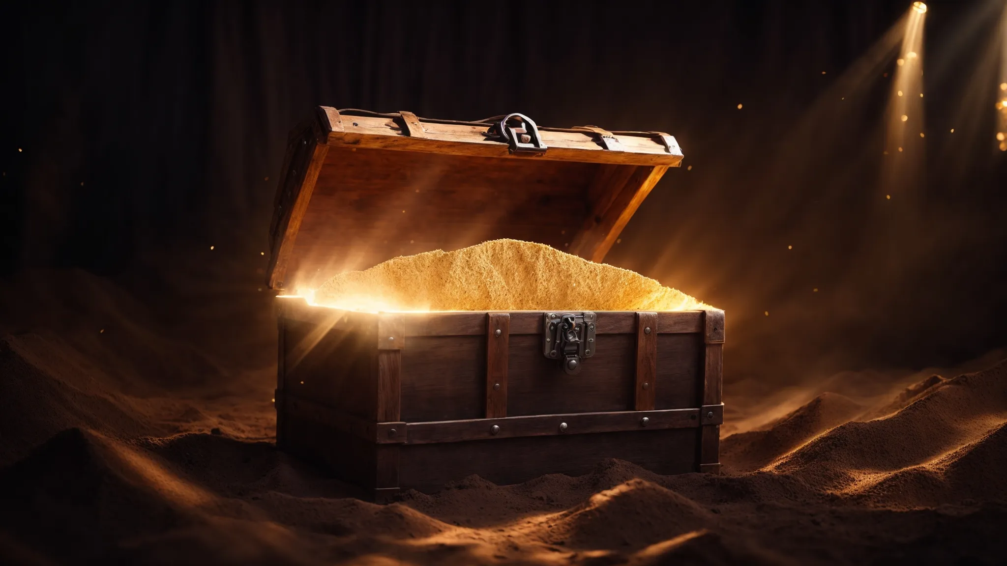 a glowing, open treasure chest radiating beams of light symbolizing the unleashing of a website's potential after escaping google's sandbox.