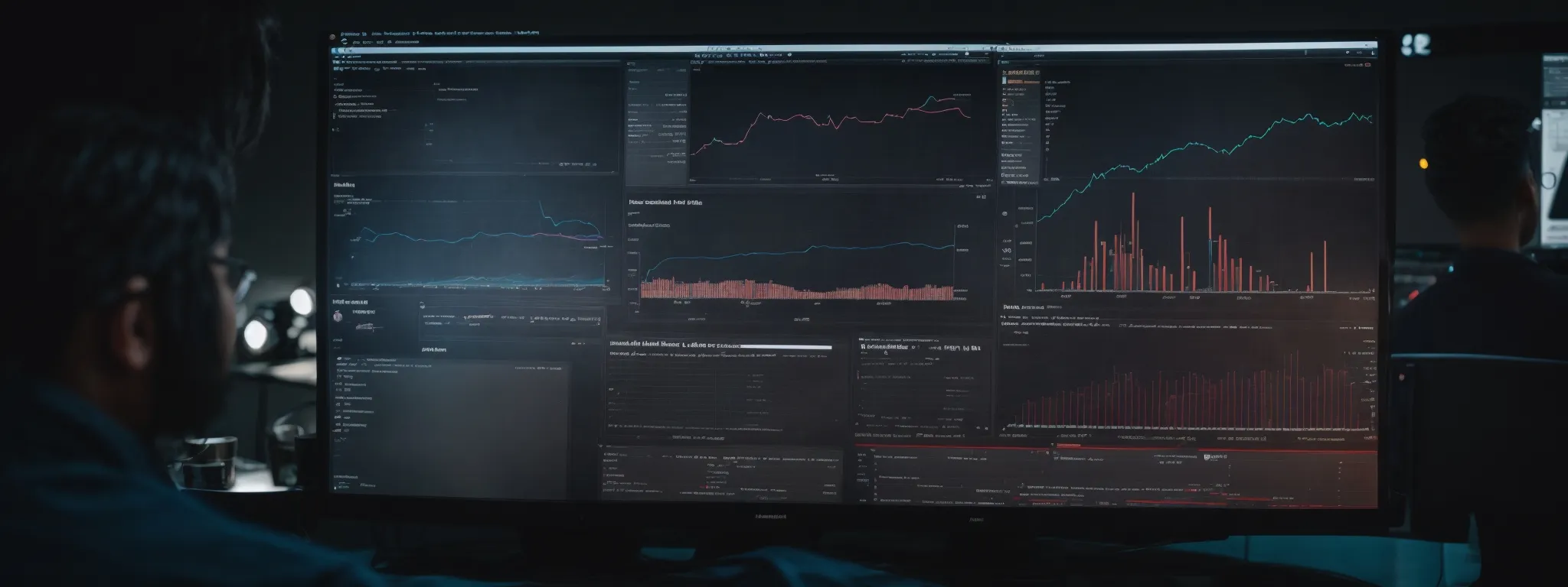 a marketer scrutinizes complex graphs on a computer screen, reflecting website traffic patterns and user engagement levels.