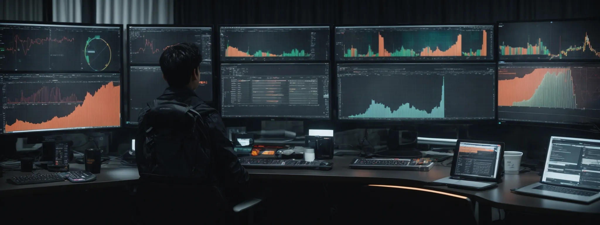 a person at a modern workstation with dual monitors displaying charts and a content management system interface, reflecting the integration of seo strategies with automated tools.