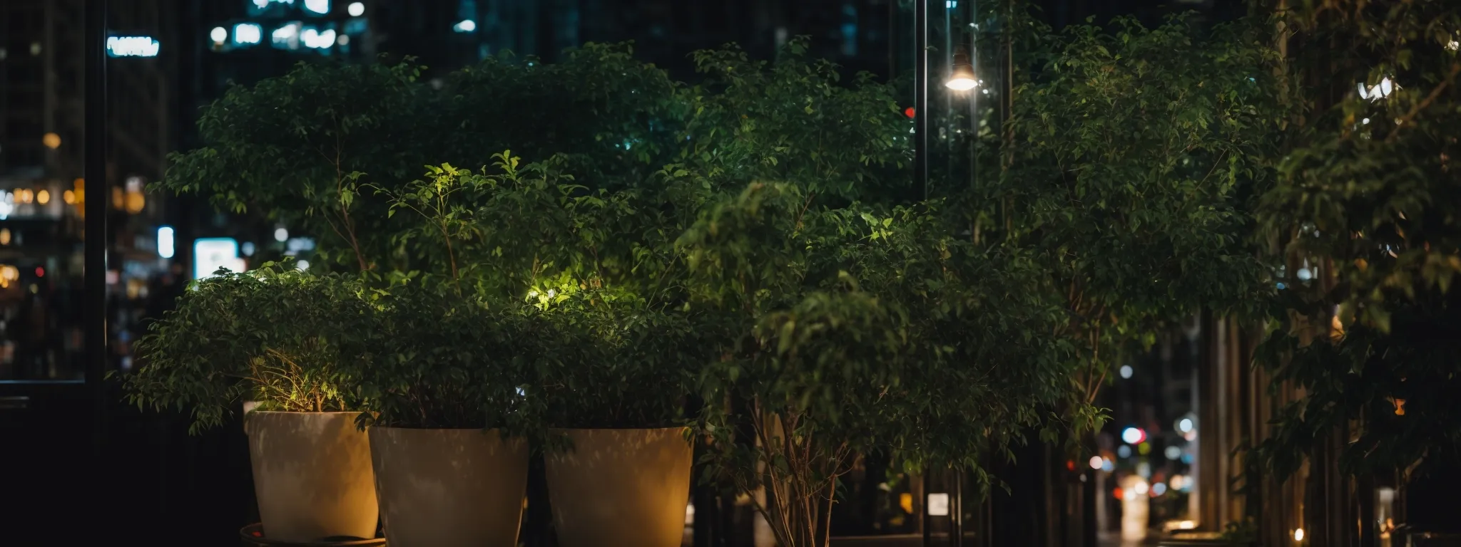 Large potted green plants are arranged outdoors at night, illuminated by streetlights and surrounded by city buildings in the background.