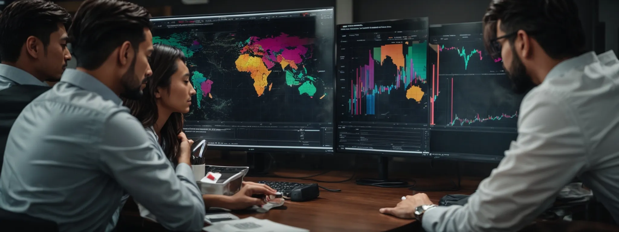 a digital marketing team examines colorful analytics graphs on a monitor, strategizing over their combined seo and sem campaign.