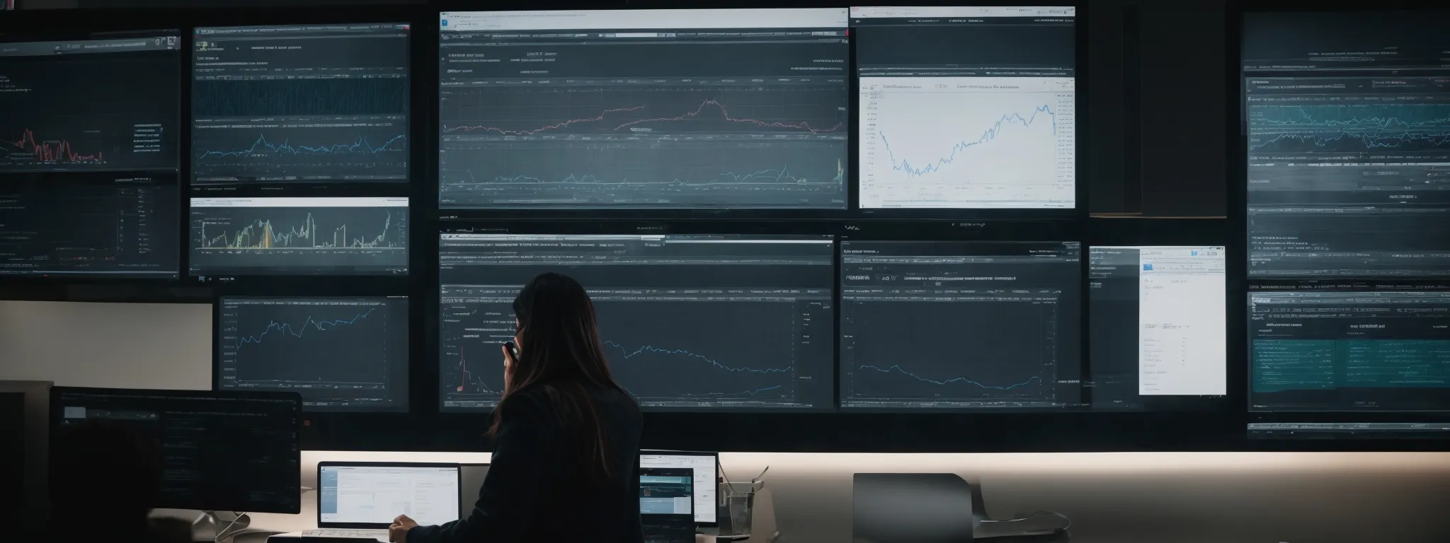 a person analyzing a large computer screen displaying seo metrics and content strategy documents.