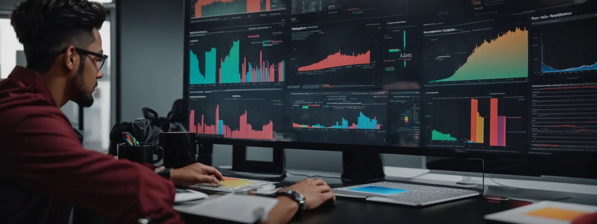 a digital marketer analyzes colorful graphs and charts on a computer dashboard that visually represents customer engagement and retention metrics.
