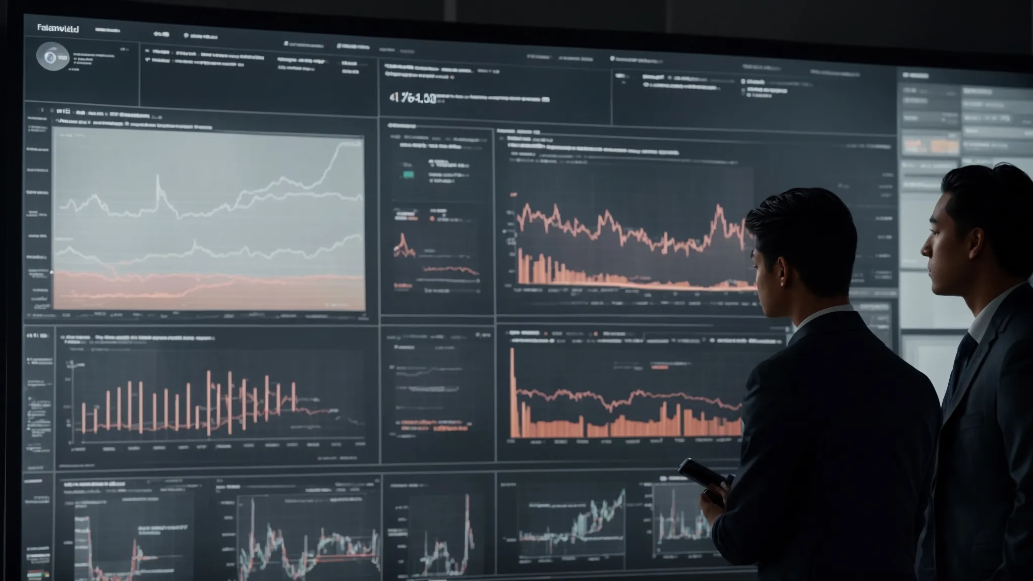 a team analyzes complex graphs and charts on a digital screen, strategizing for a digital marketing campaign.