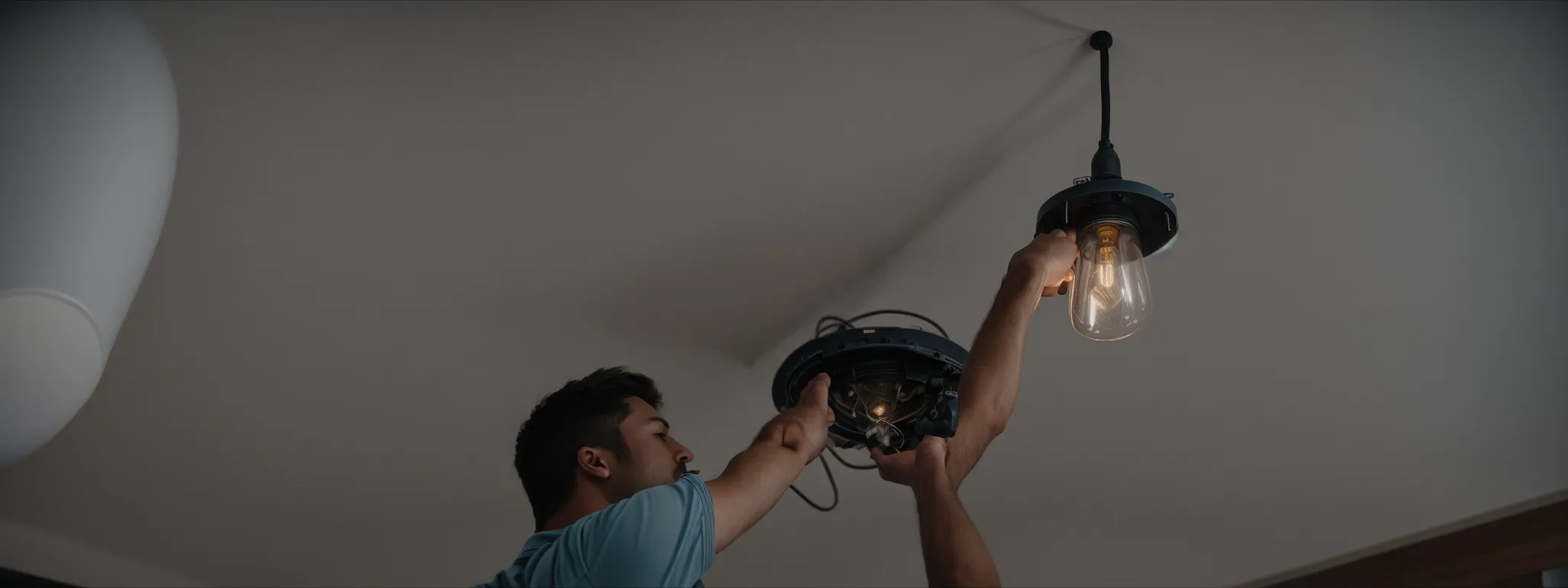 an electrician is installing a light fixture inside a customer's home.