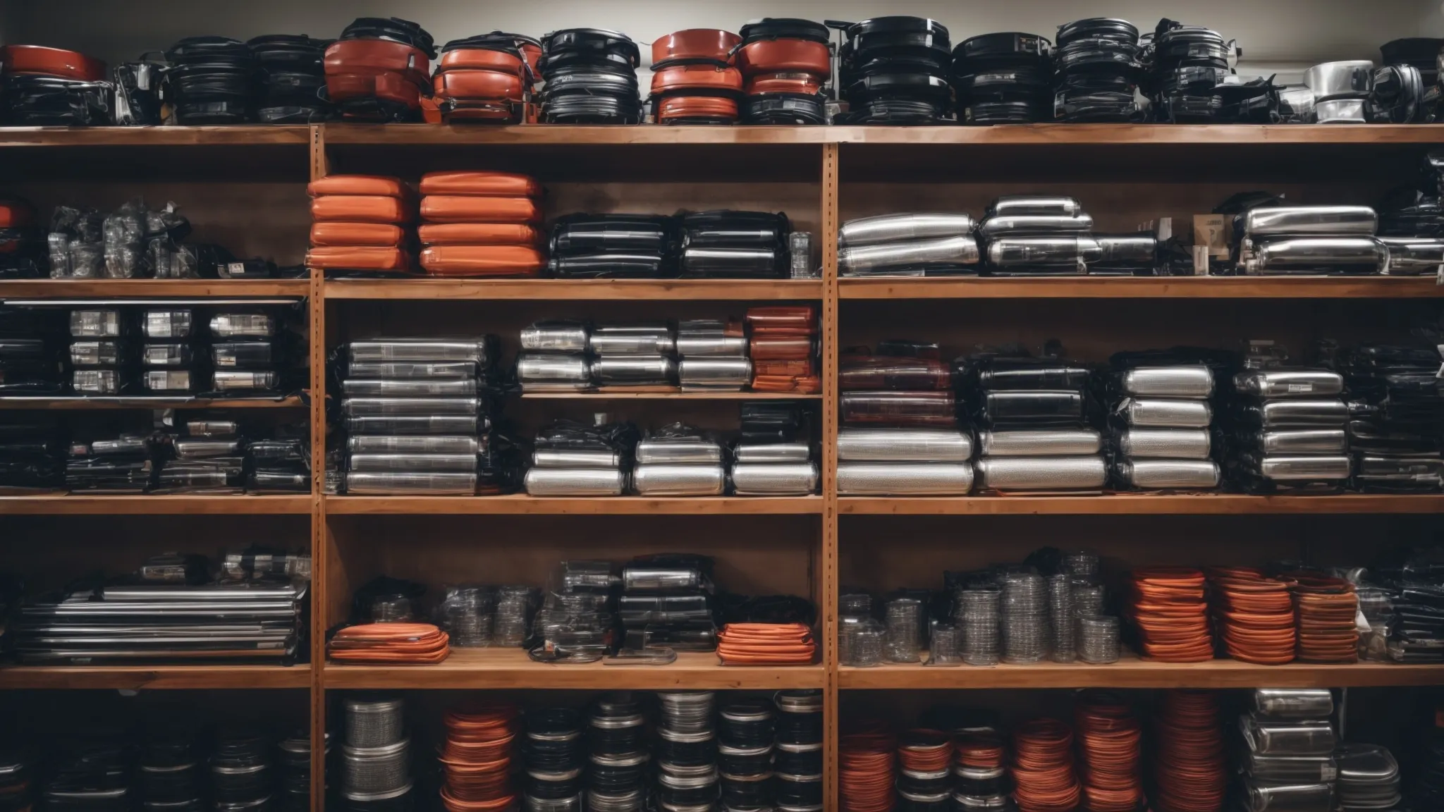 rows of car parts displayed on shelves in a well-organized retail store.