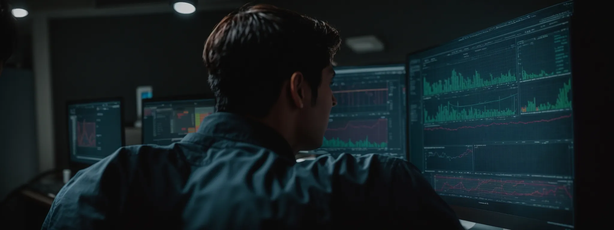 a person intently analyzing complex graphs and charts on a computer screen displaying seo metrics and trends.