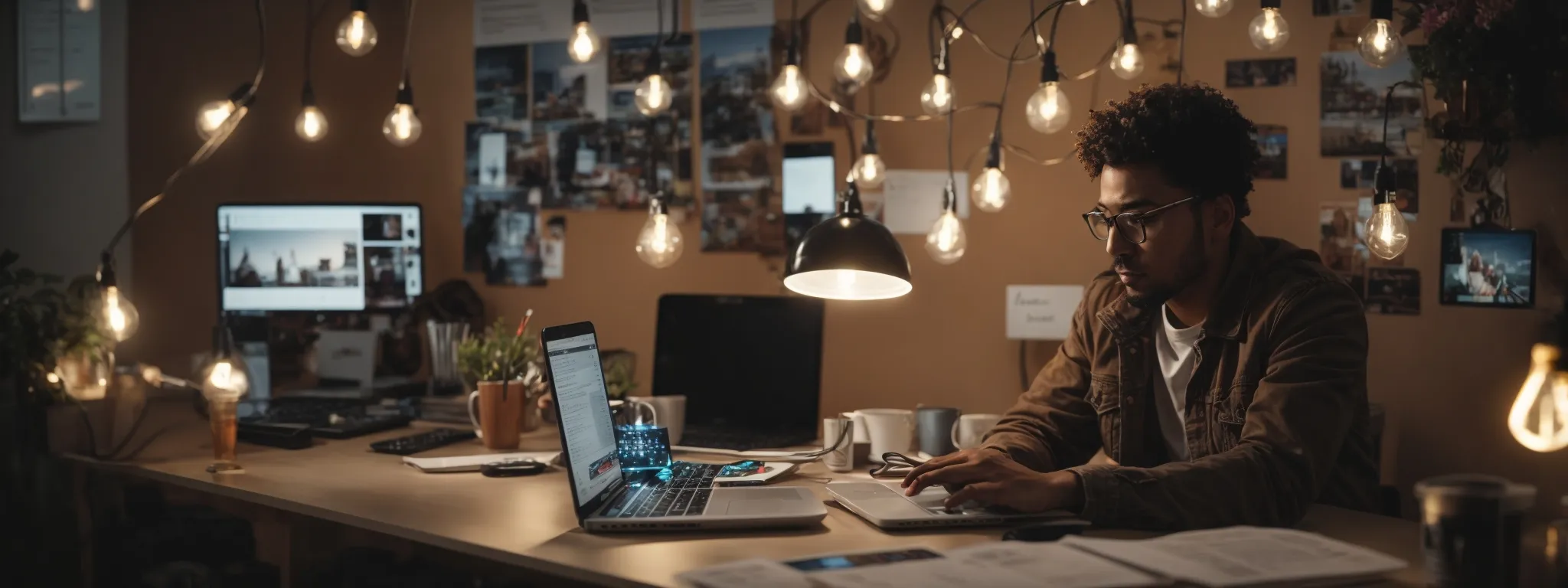 a person sitting at a laptop in a creative workspace, surrounded by social media icons and a light bulb overhead to symbolize innovative marketing ideas.