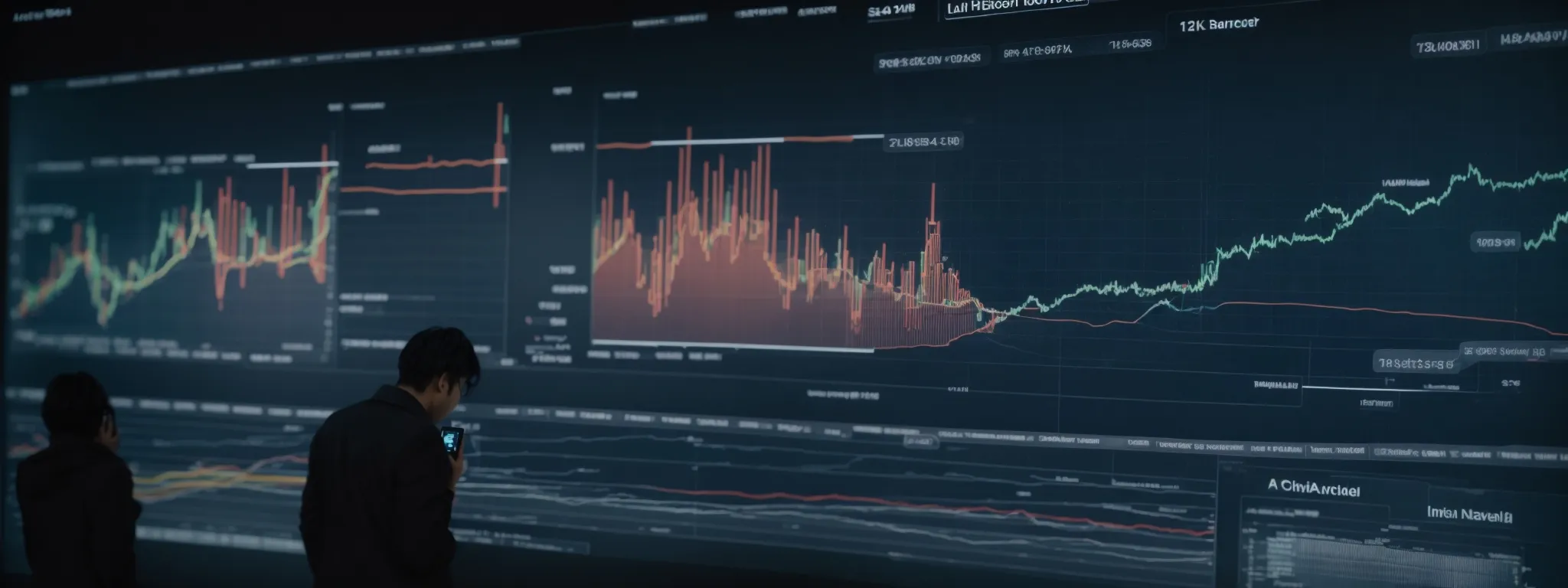 a person analyzing trends on a large interactive screen with graphs depicting website traffic and link data.