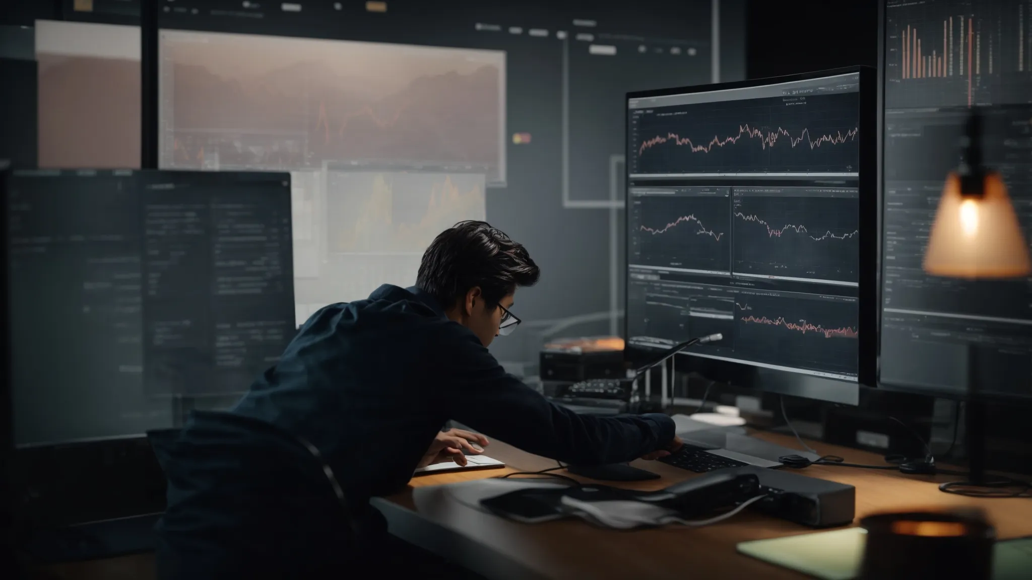 a professional sitting at a computer reviewing graphs and website data analytics on the screen.