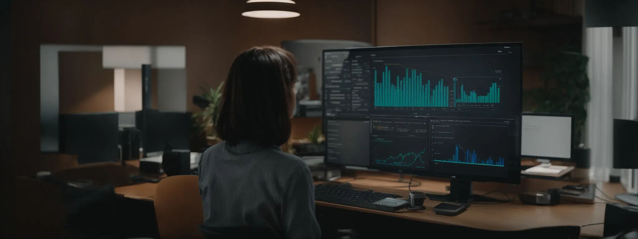 a brand strategist at a sleek computer monitors a dashboard displaying the rising metrics of a successful influencer collaboration.