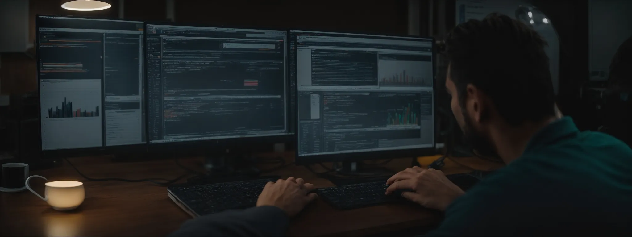 a person sits at a modern desk, analyzing data on a computer screen showing search engine results, with ai-powered software tools at their fingertips.