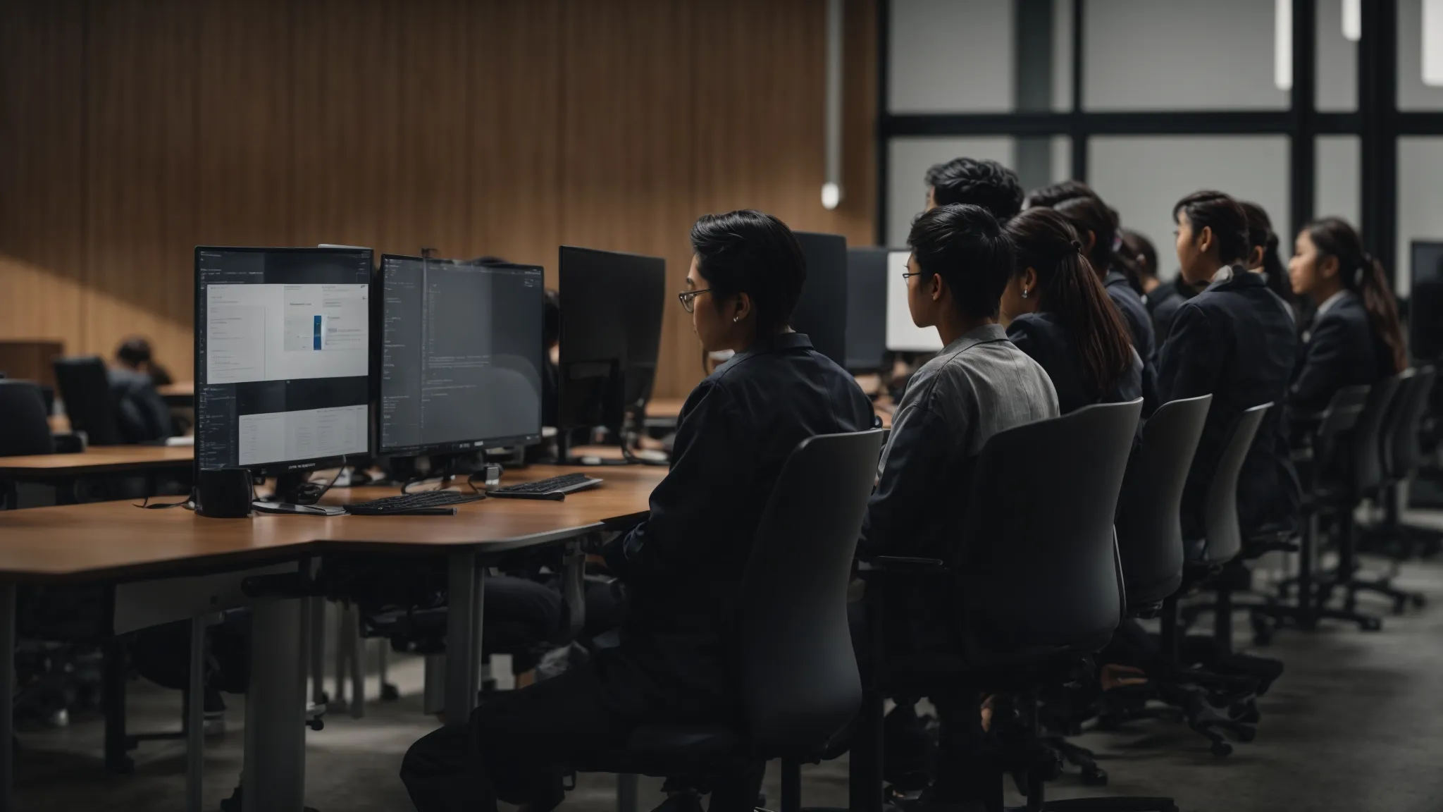 a person sits at a computer in a modern classroom, surrounded by fellow learners focused on a digital marketing lecture.