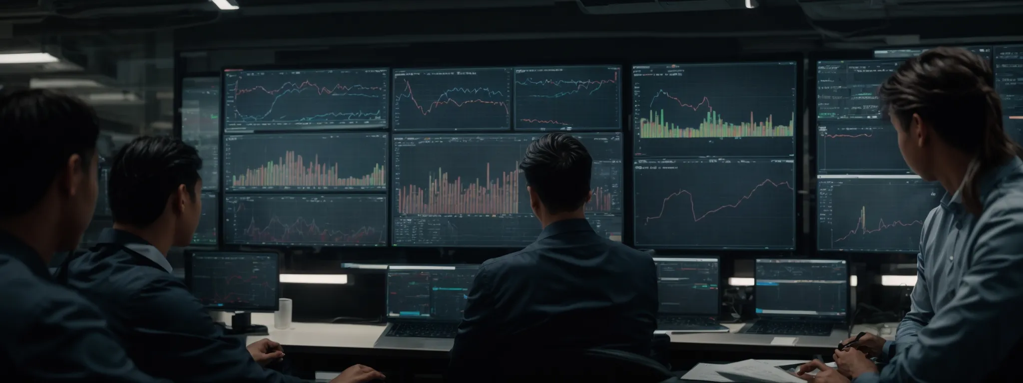 a team analyzes expansive graphs and charts on a large monitor, reflecting the strategic seo benchmarks of their enterprise.