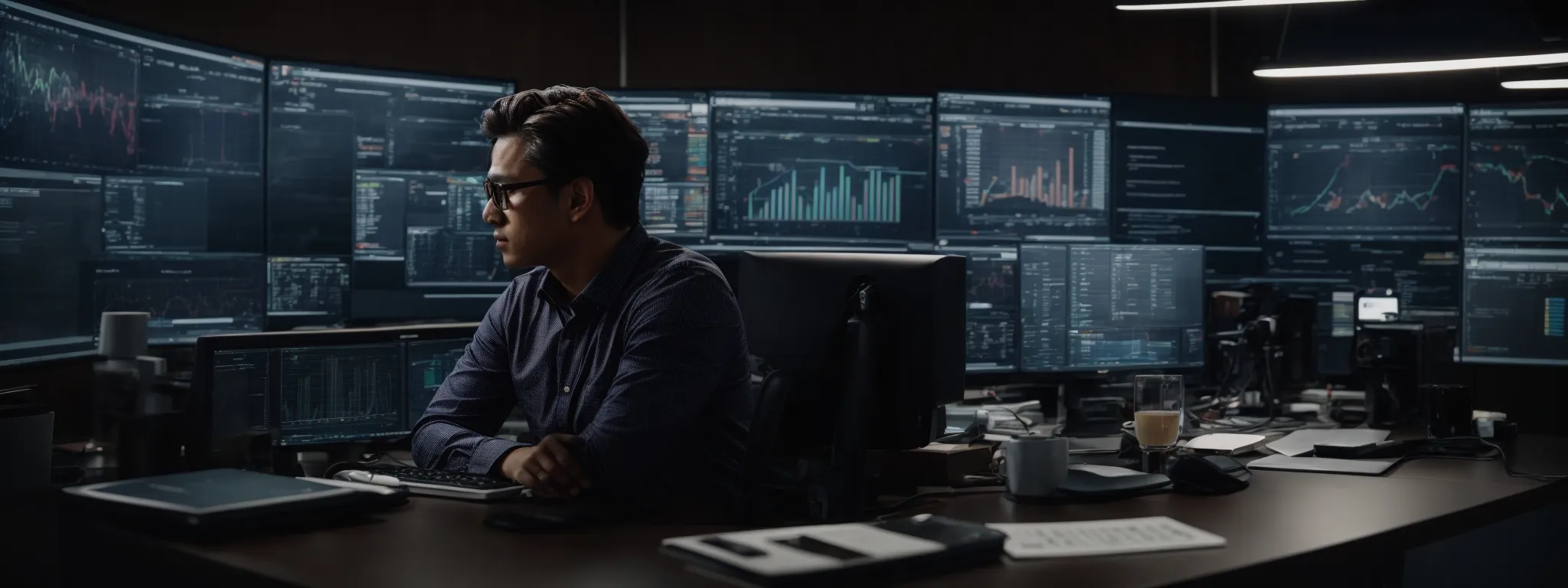 a consultant sits intently at a modern desk, surrounded by multiple screens displaying graphs and social media interfaces.