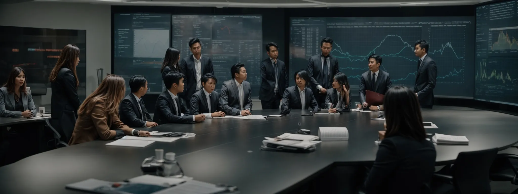 a professional team discusses a content strategy around a conference table with digital analytics displayed on a screen.