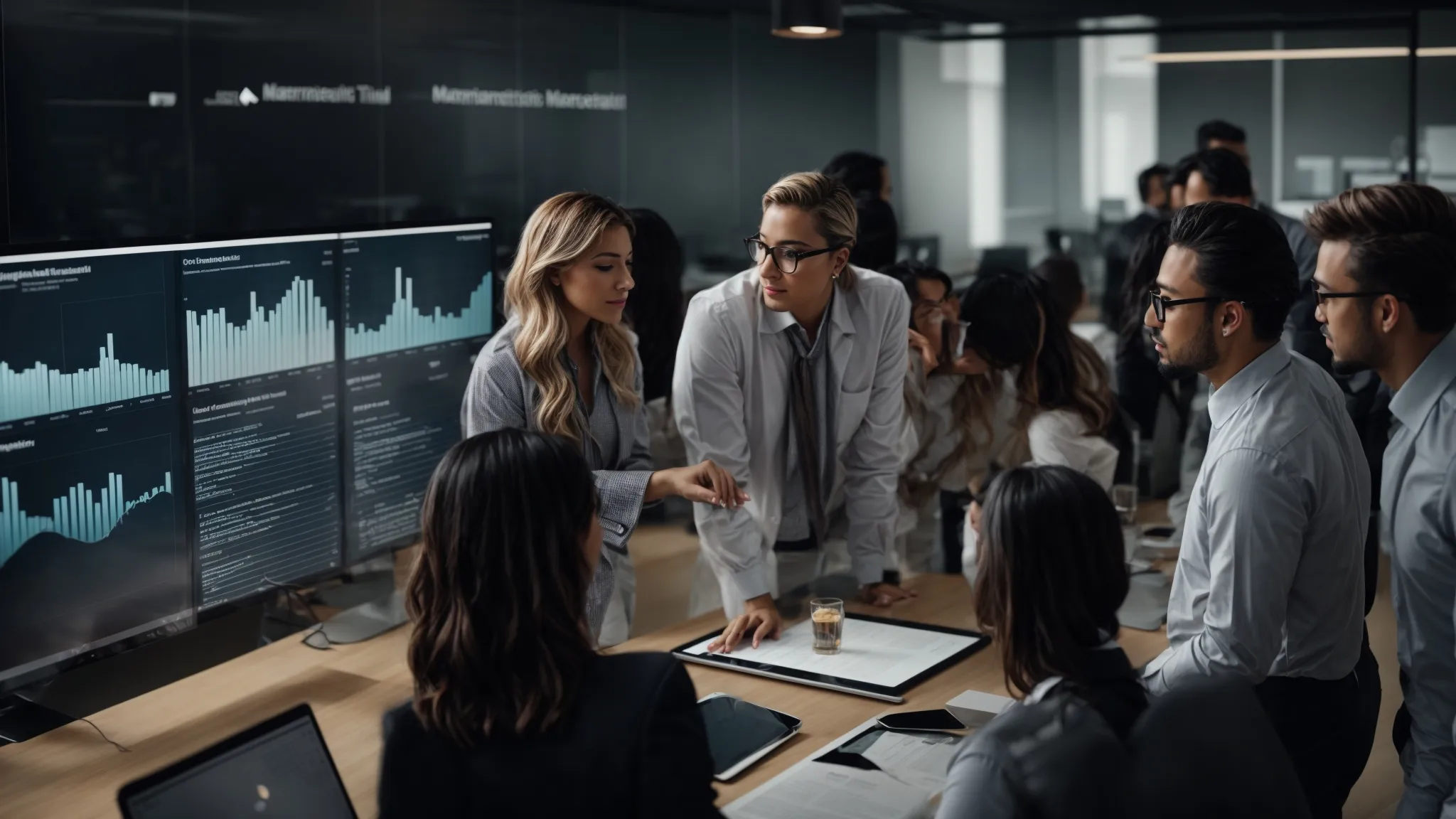 a group of diverse businesspeople gather around a digital marketing analytics dashboard displayed on a large screen in a modern office.