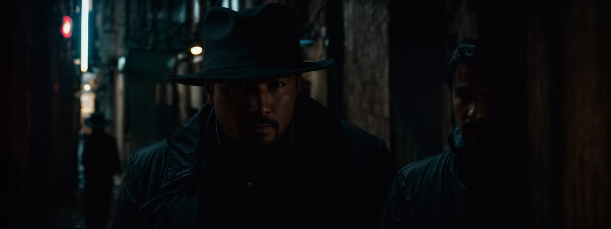 a shadowy figure whispers into the ear of an unsuspecting business owner against the backdrop of a dimly lit alleyway, symbolizing the deceptive allure of black hat seo.