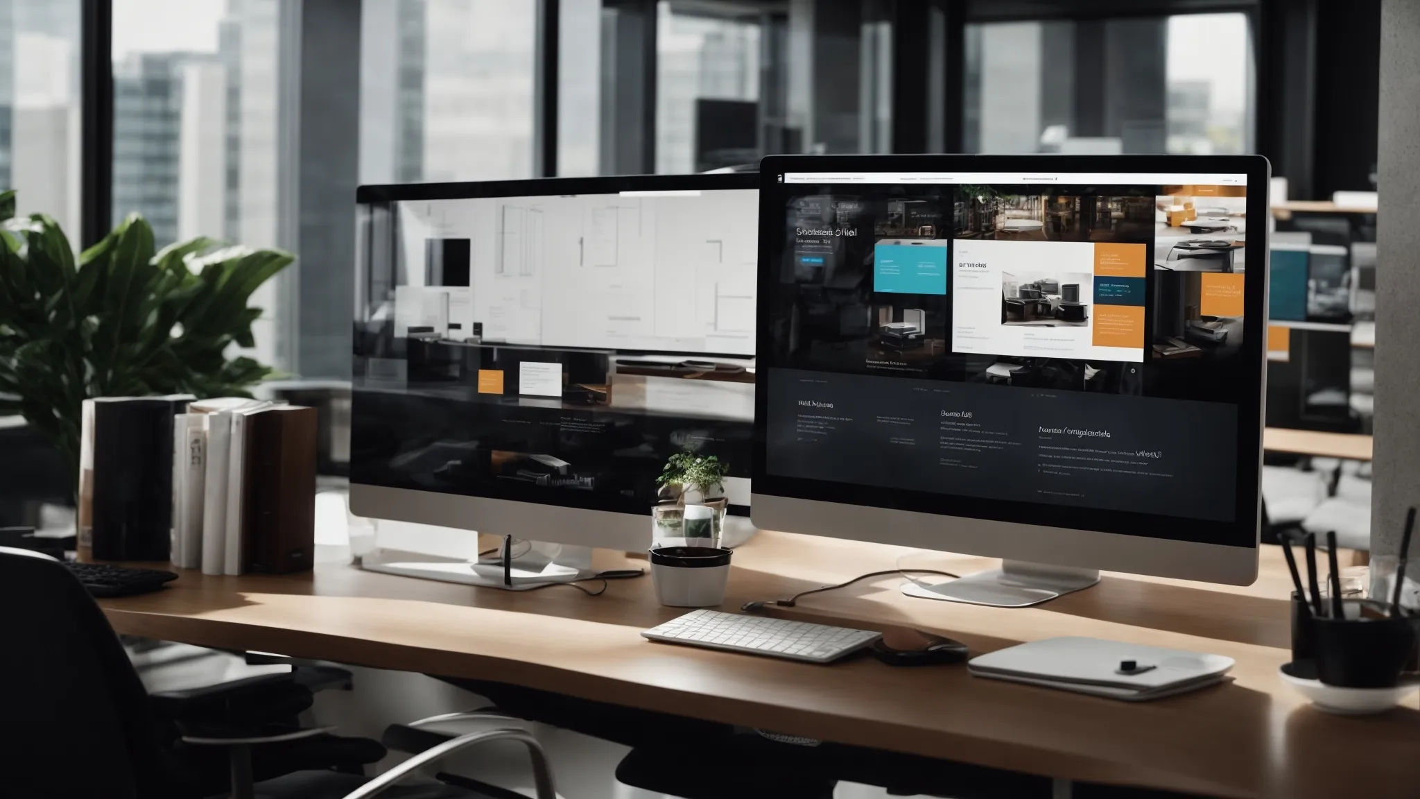 a sleek, modern office scene with a prominent computer screen displaying an eye-catching website layout amidst marketing strategy paraphernalia.