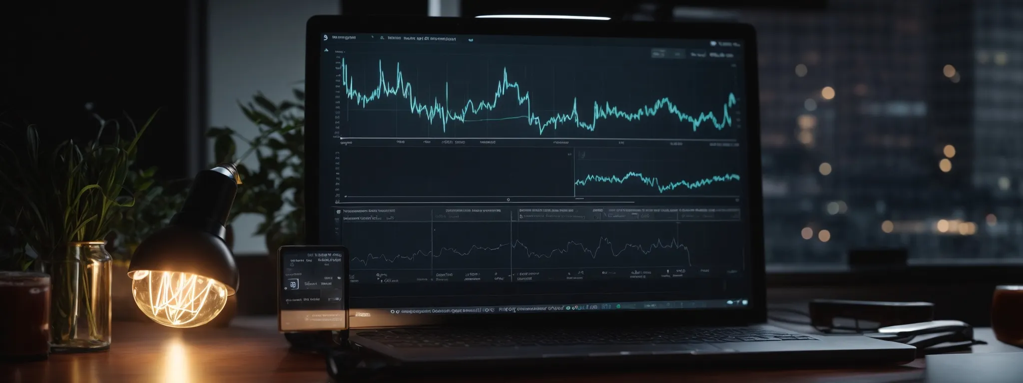 a computer screen displaying analytics graphs alongside a bright light bulb, symbolizing seo strategy insights for a product launch.