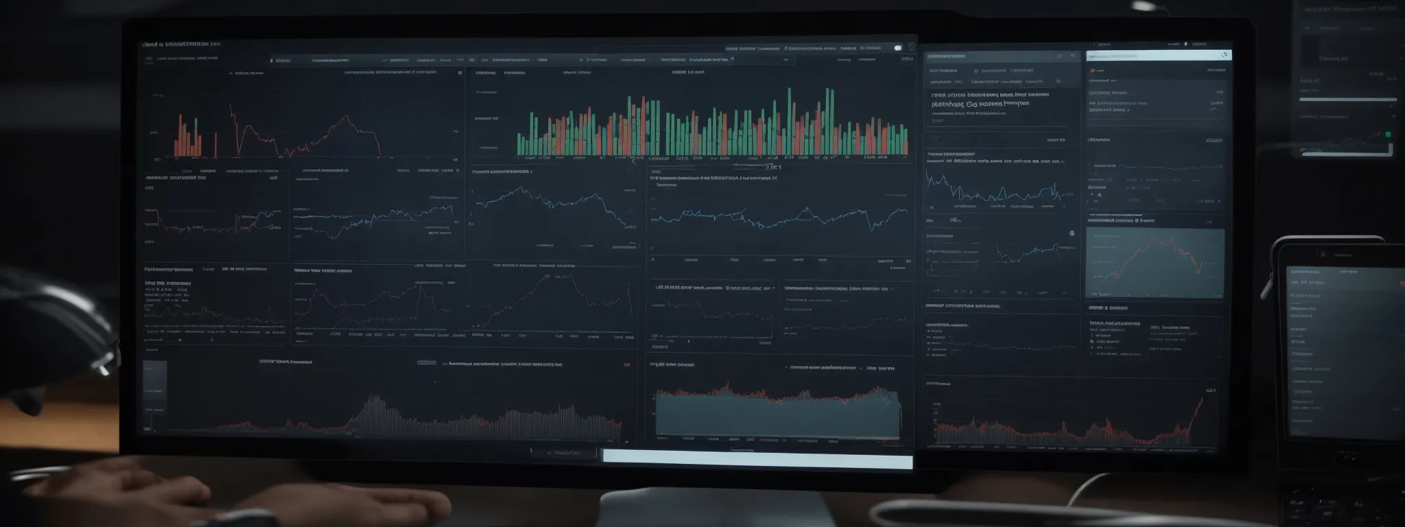 a screen displaying the interface of an seo optimization tool with various analytics graphs and website data visualizations.
