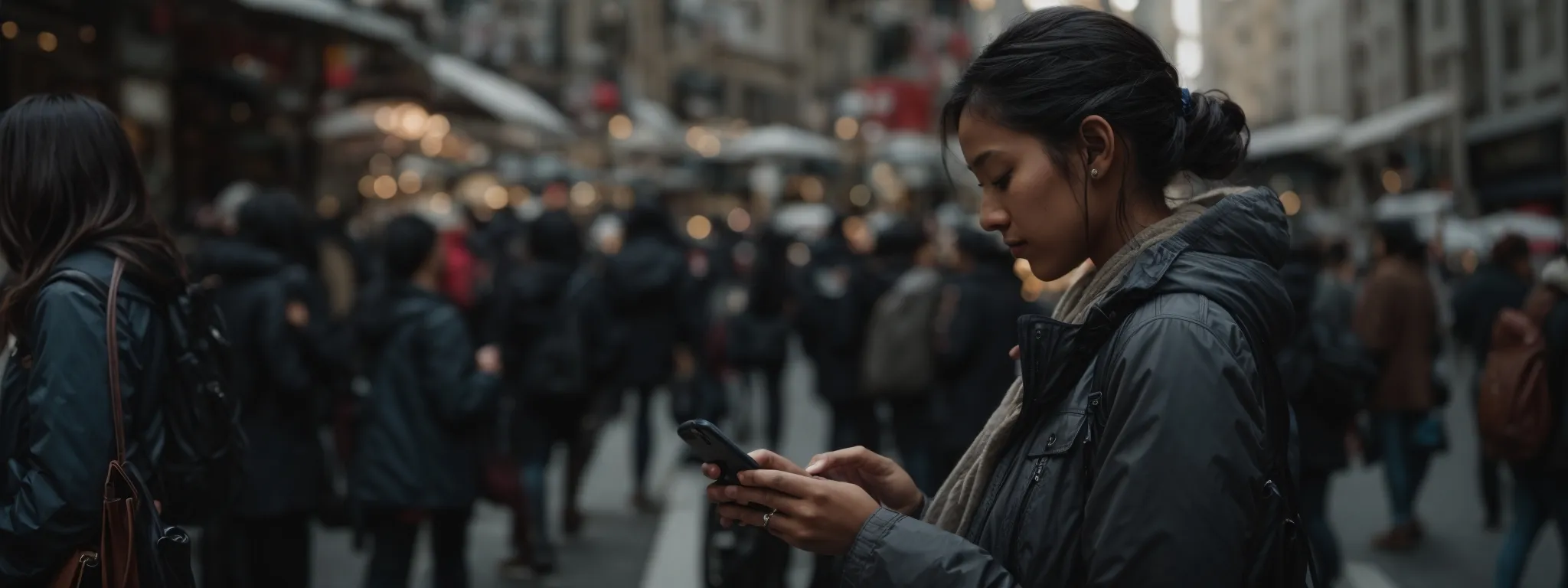 a person browsing on a smartphone in a busy urban setting.