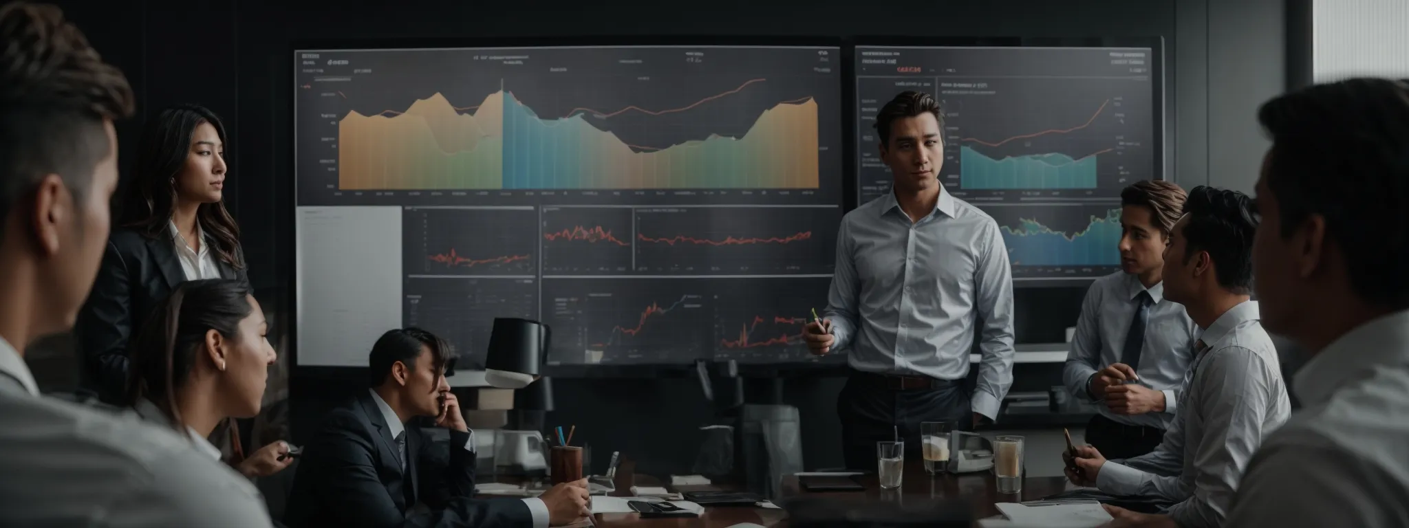 a marketing team discusses strategy over a digital analytics dashboard displaying trends and graphs.