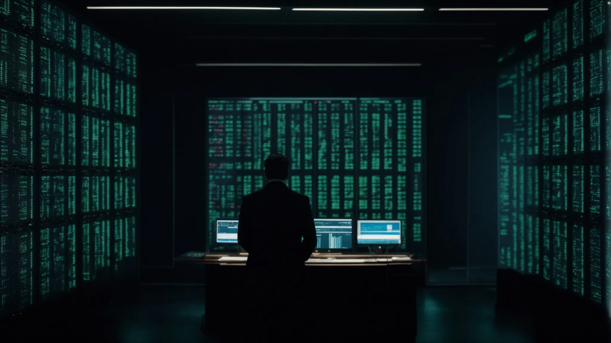 a shadowy figure sits in front of multiple computer screens, displaying graphs and code, with a dimly-lit wall of server racks in the background.