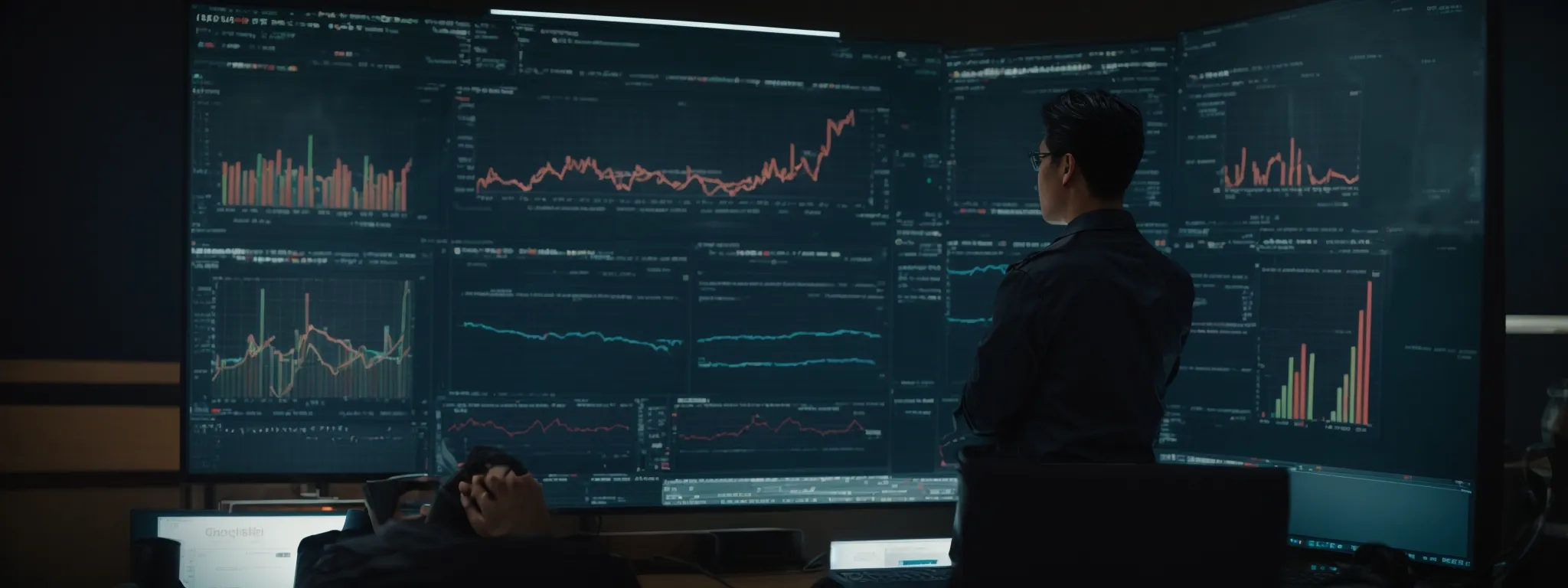a person intently studying analytics on a computer screen reflecting graphs and behavior metrics.