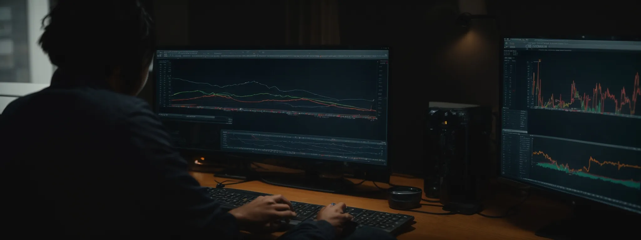 a person analyzing a computer screen showing a graph of increasing website traffic after an seo overhaul.