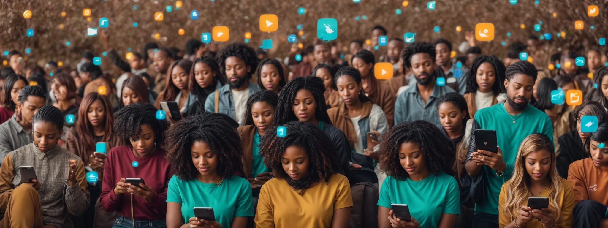 a group of diverse people interacting over smartphones and tablets with vibrant social media icons floating above their heads.