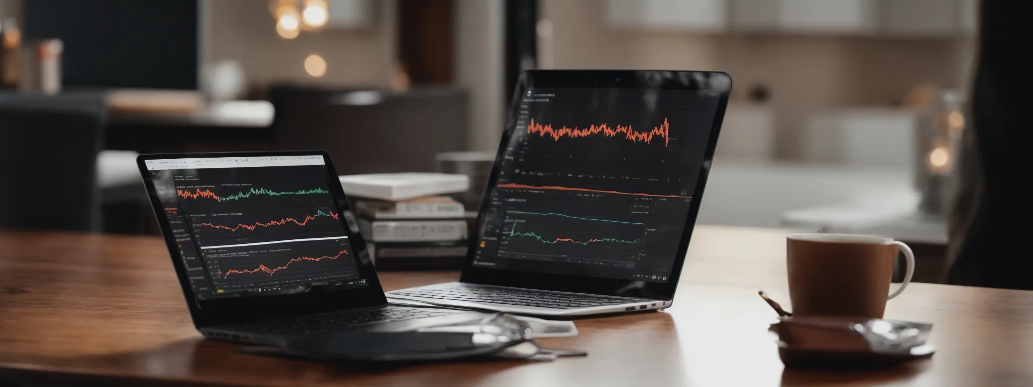 a laptop with visible graphs displaying seo performance next to a coffee cup on a wooden table.