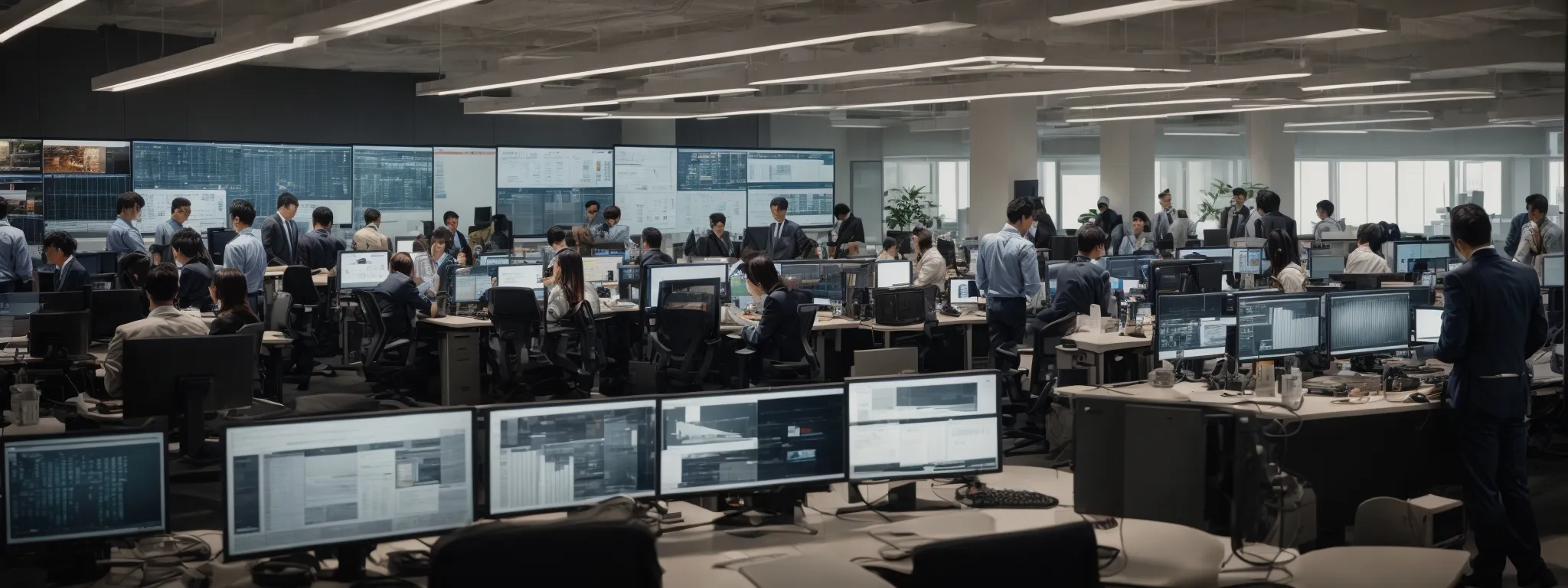 a bustling open-plan office filled with marketers intently analyzing dynamic graphs on large monitors, anticipating consumer behaviors. 