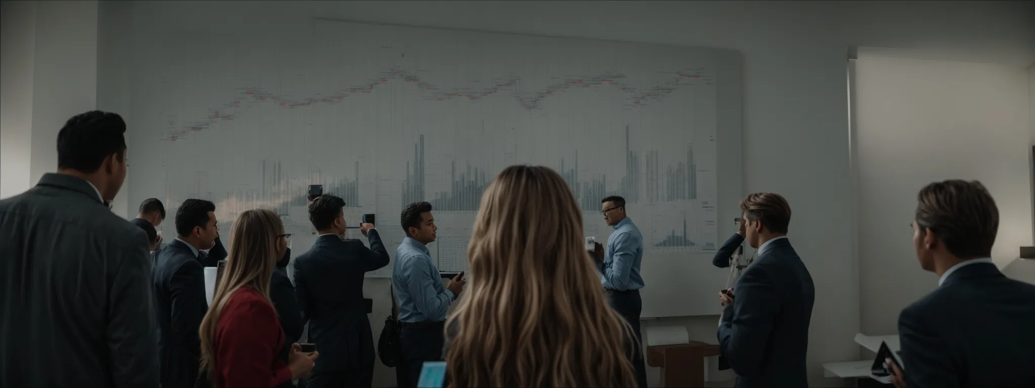 a group of professionals gathered around a large screen displaying a growth chart, discussing strategies.