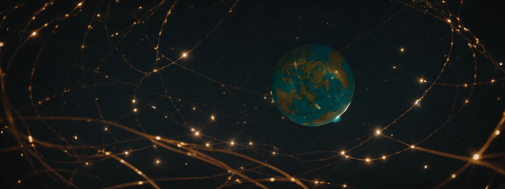 a globe encircled by a network of intertwining lines representing global connections.