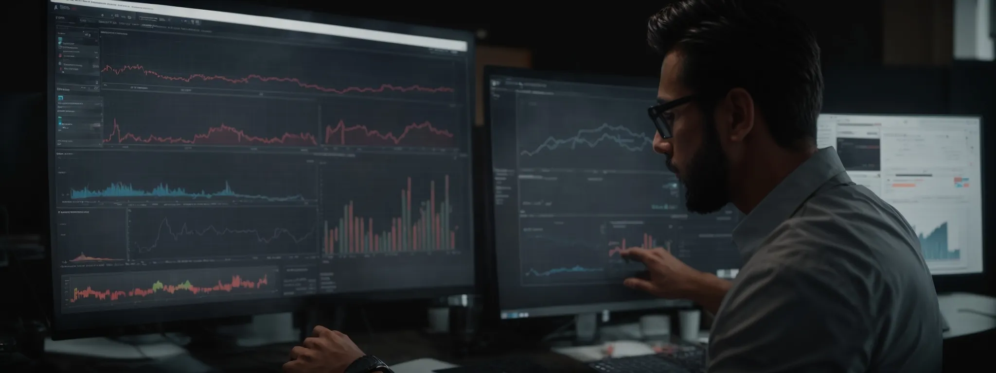 a marketer analyzes graphs and charts on a computer dashboard, optimizing a website's seo strategy.