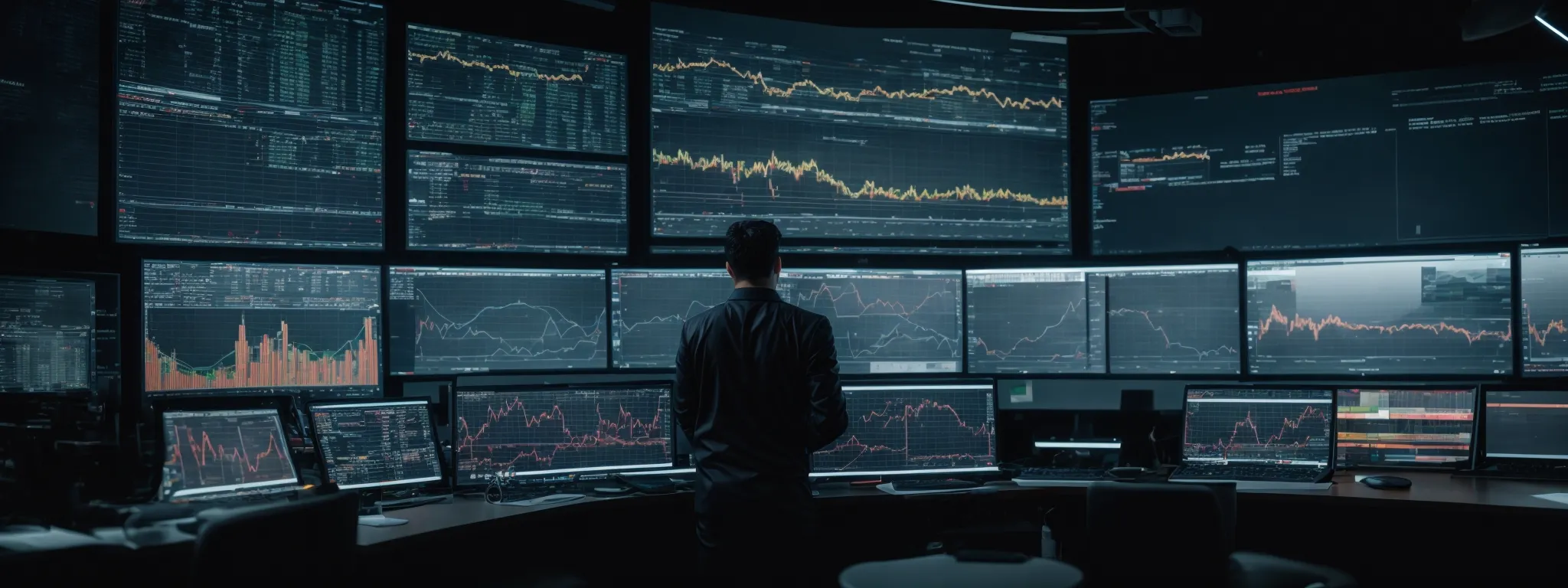 a panoramic view of an analyst reviewing complex charts and graphs on a large screen displaying web traffic trends and predictions.