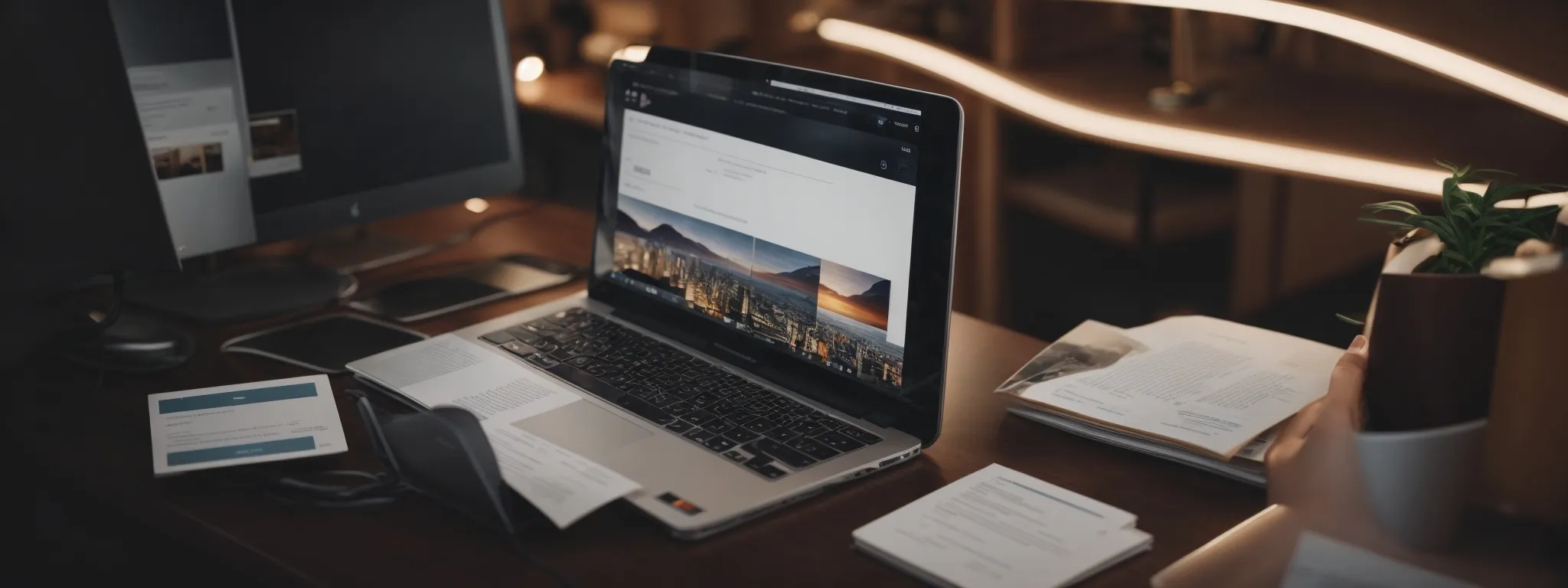 A modern workspace with a laptop displaying a website, surrounded by documents, a monitor, a phone, a computer mouse, and an open book on a dark desk.