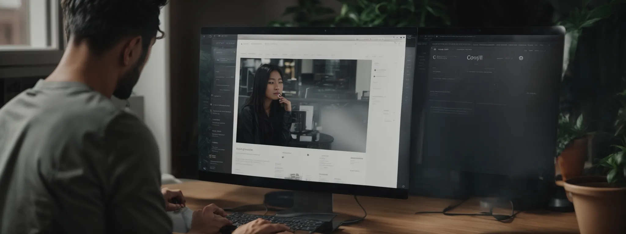 a web designer carefully orchestrates visual elements on a computer screen to finesse an inviting and effective landing page.