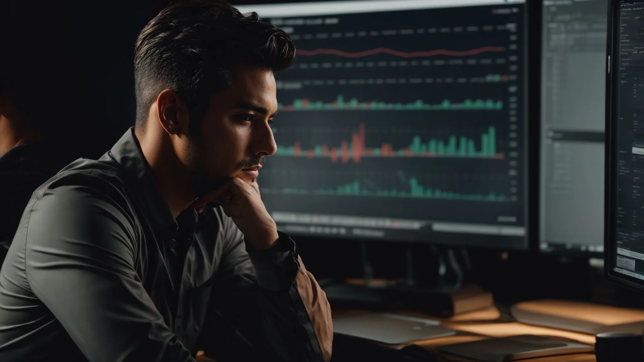 a concerned business owner sits in front of a computer, intently reviewing his website's analytics dashboard.