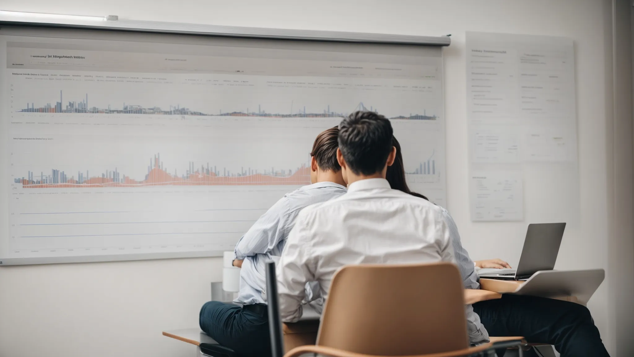 two people, one with a marketing book and the other with a laptop, sit across from each other with thoughtful expressions under a website traffic graph on a whiteboard.