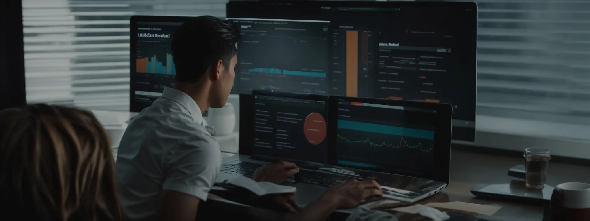 a professional at a laptop analyzing a linkedin dashboard displaying marketing metrics and trends.